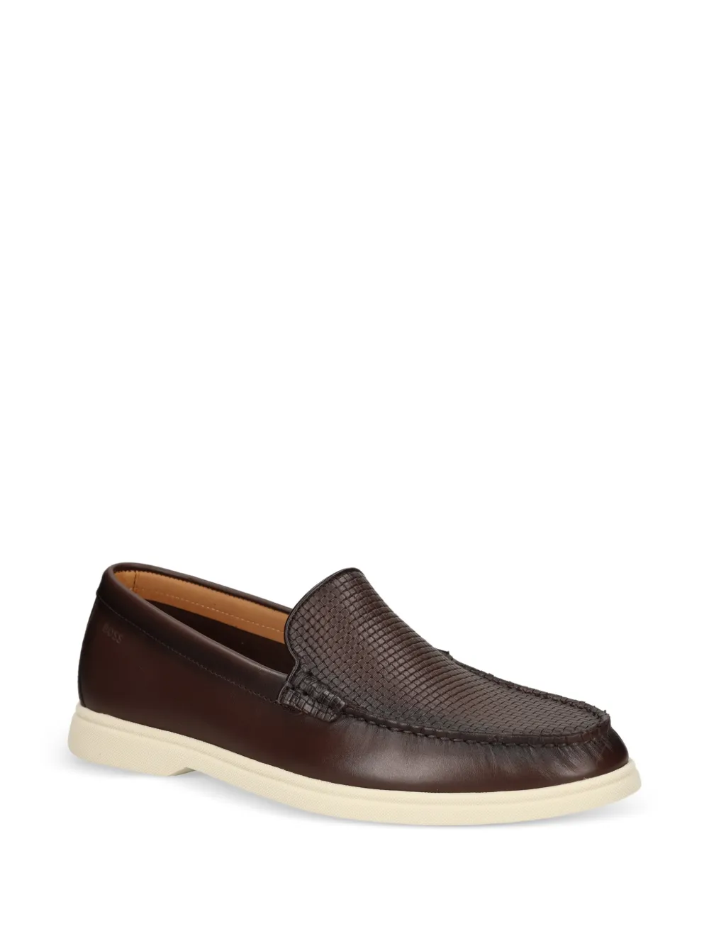 BOSS Leren loafers met geweven vlak Bruin