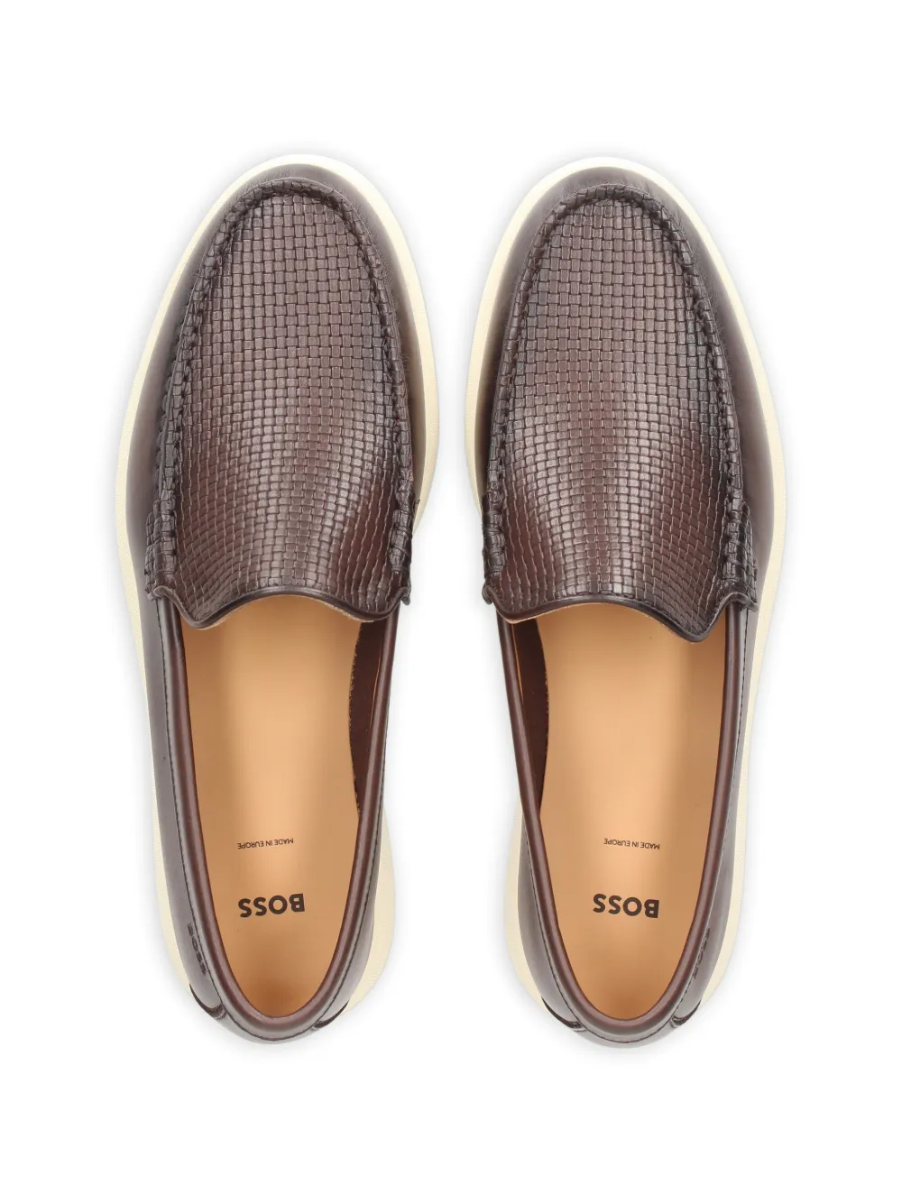 BOSS Leren loafers met geweven vlak Bruin