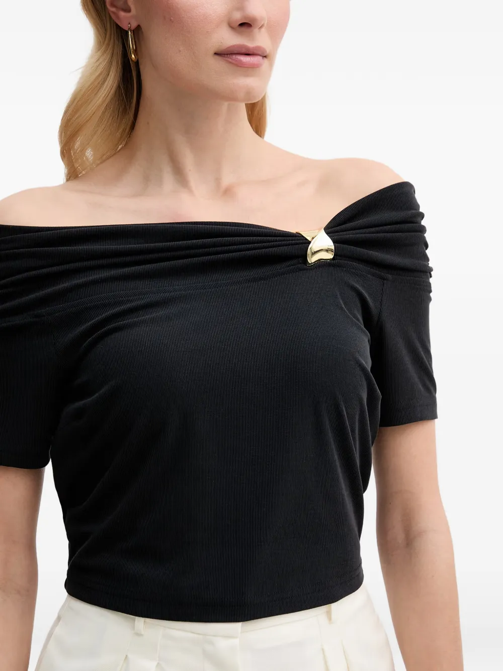 GUESS USA Off-shoulder ribgebreid T-shirt Zwart
