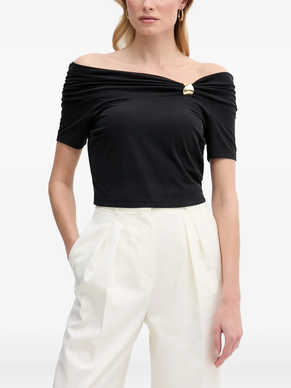 GUESS USA off-shoulder ribbed-knit T-shirt - Nero