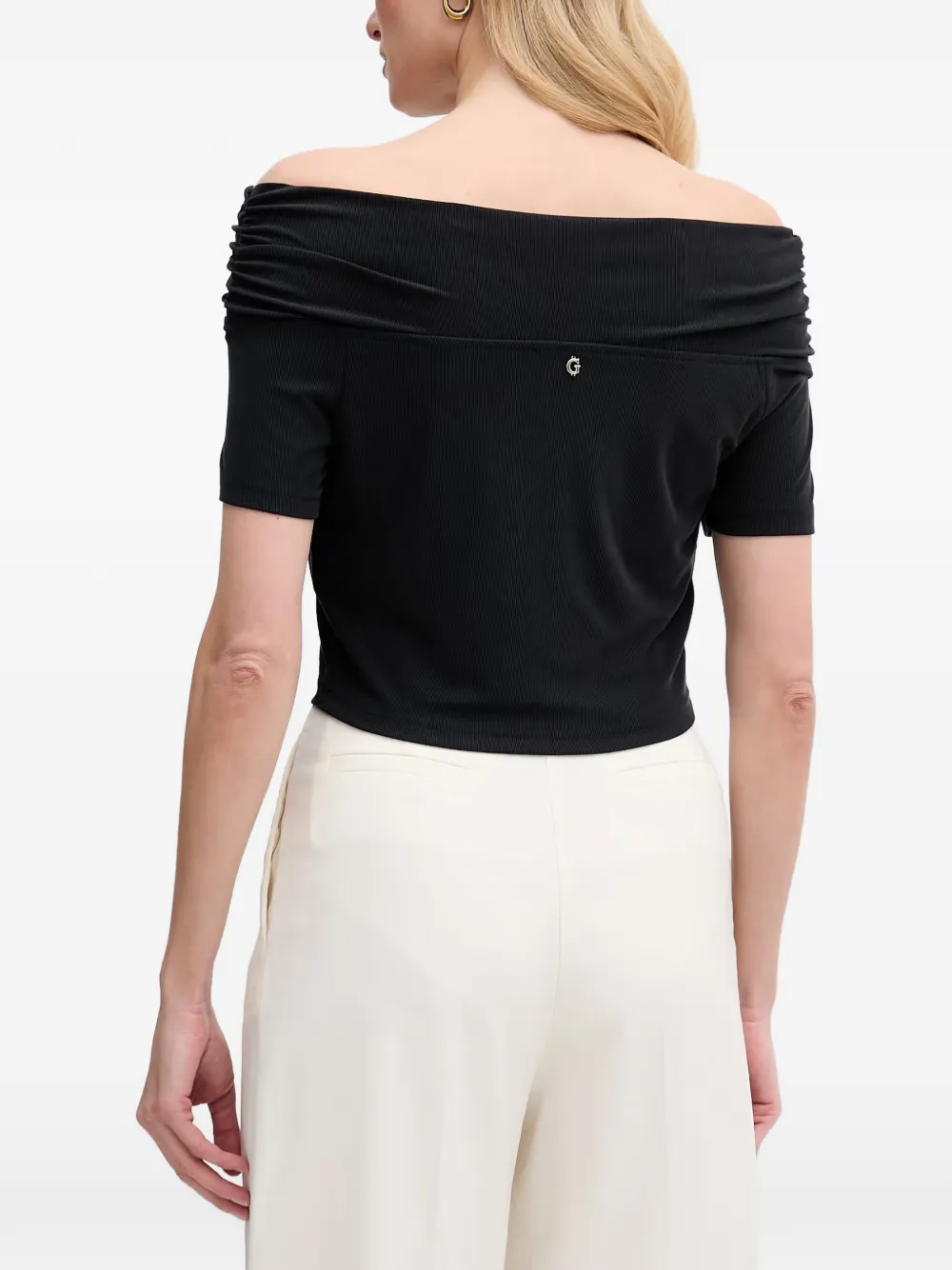 GUESS USA Off-shoulder ribgebreid T-shirt Zwart