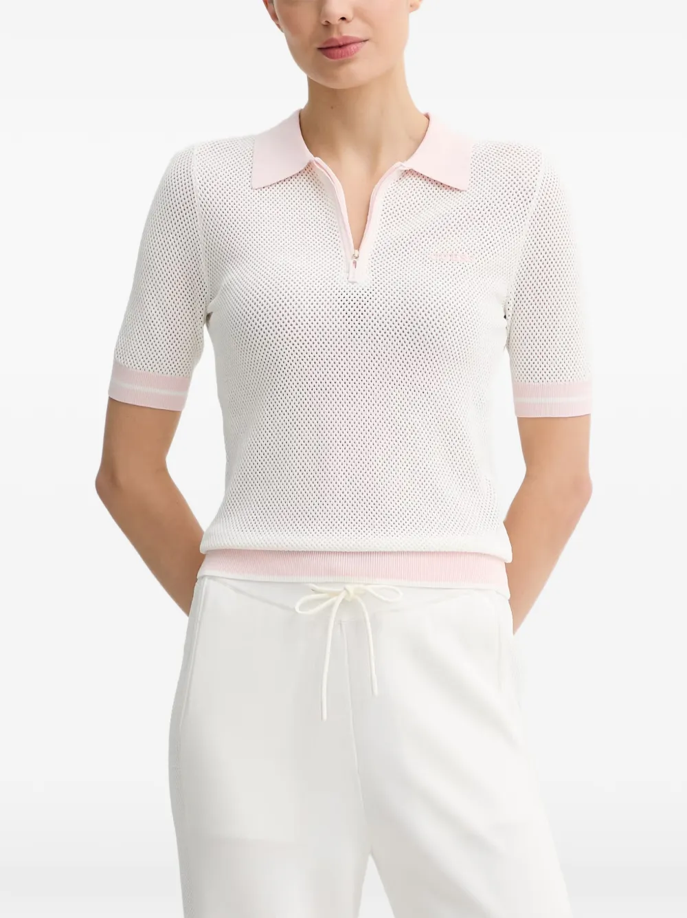 Guess Usa Zip-fastening Mesh-knit Polo Shirt In White