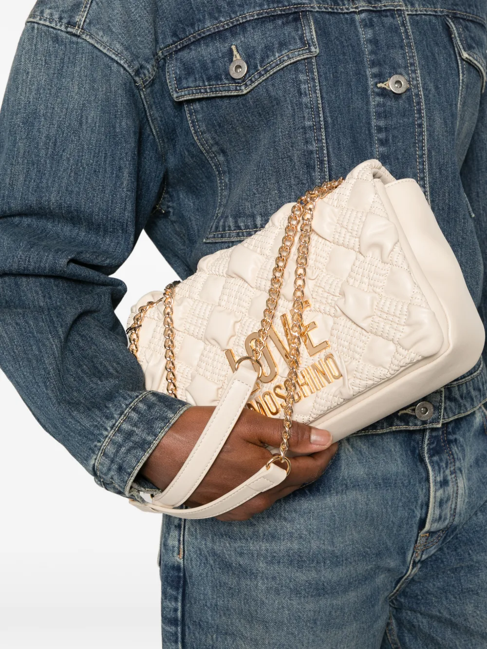 Love Moschino quilted logo-plaque shoulder bag Beige