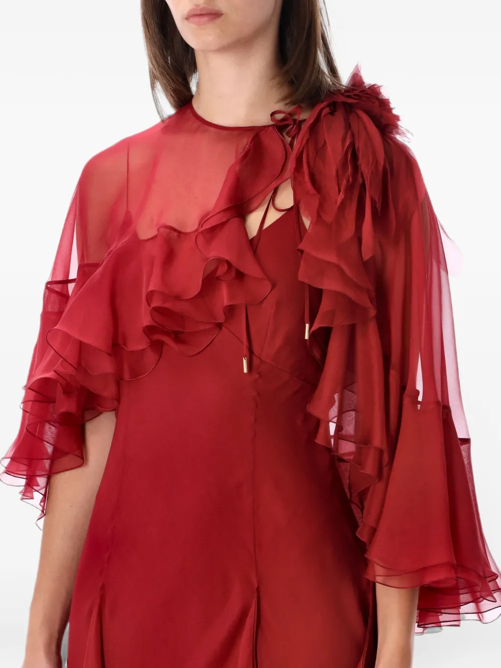 Alberta Ferretti Maxi-jurk met cape-laag en ruches Rood