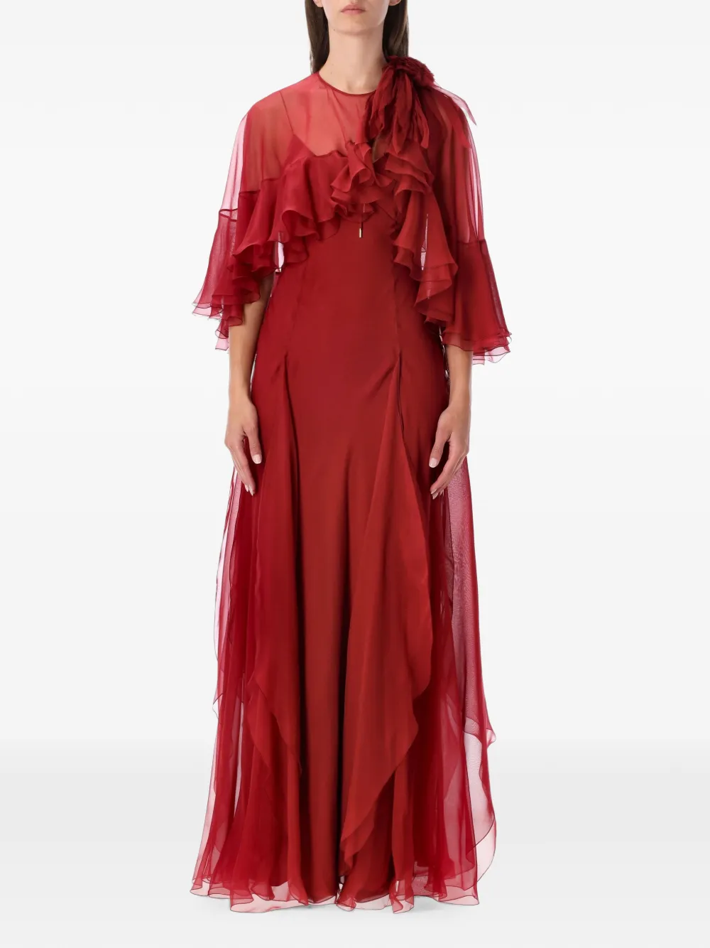 Alberta Ferretti ruffled cape-overlay maxi dress - Rot