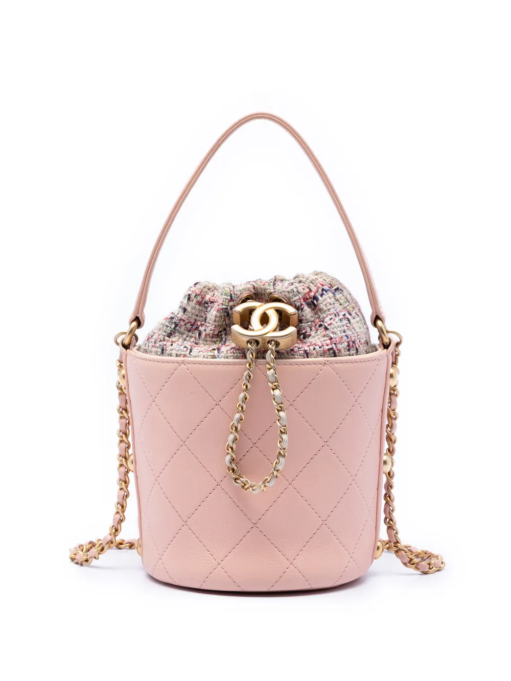 CHANEL Pre-Owned 2019 Small CC Calfskin and Tweed Drawstring Bucket Bag satchel - Rosa
