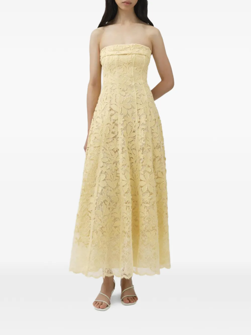 SIMKHAI Strapless jurk met overslag van kant Geel