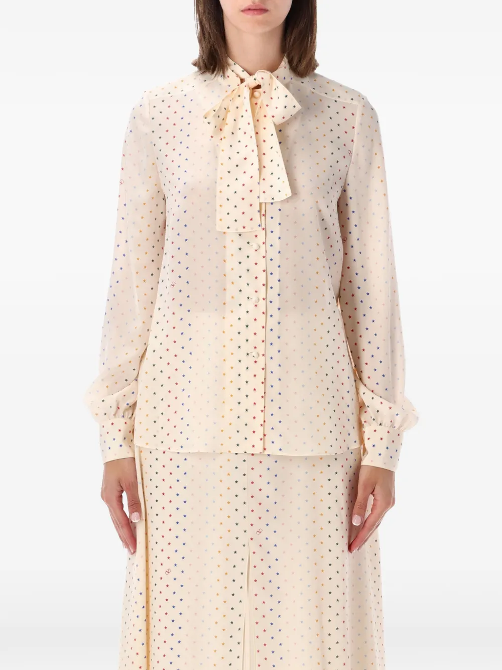 Valentino Garavani star-print pussy-bow blouse - Neutrals