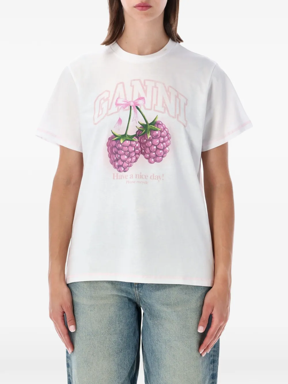 GANNI baby-fit T-shirt with raspberry - Weiß