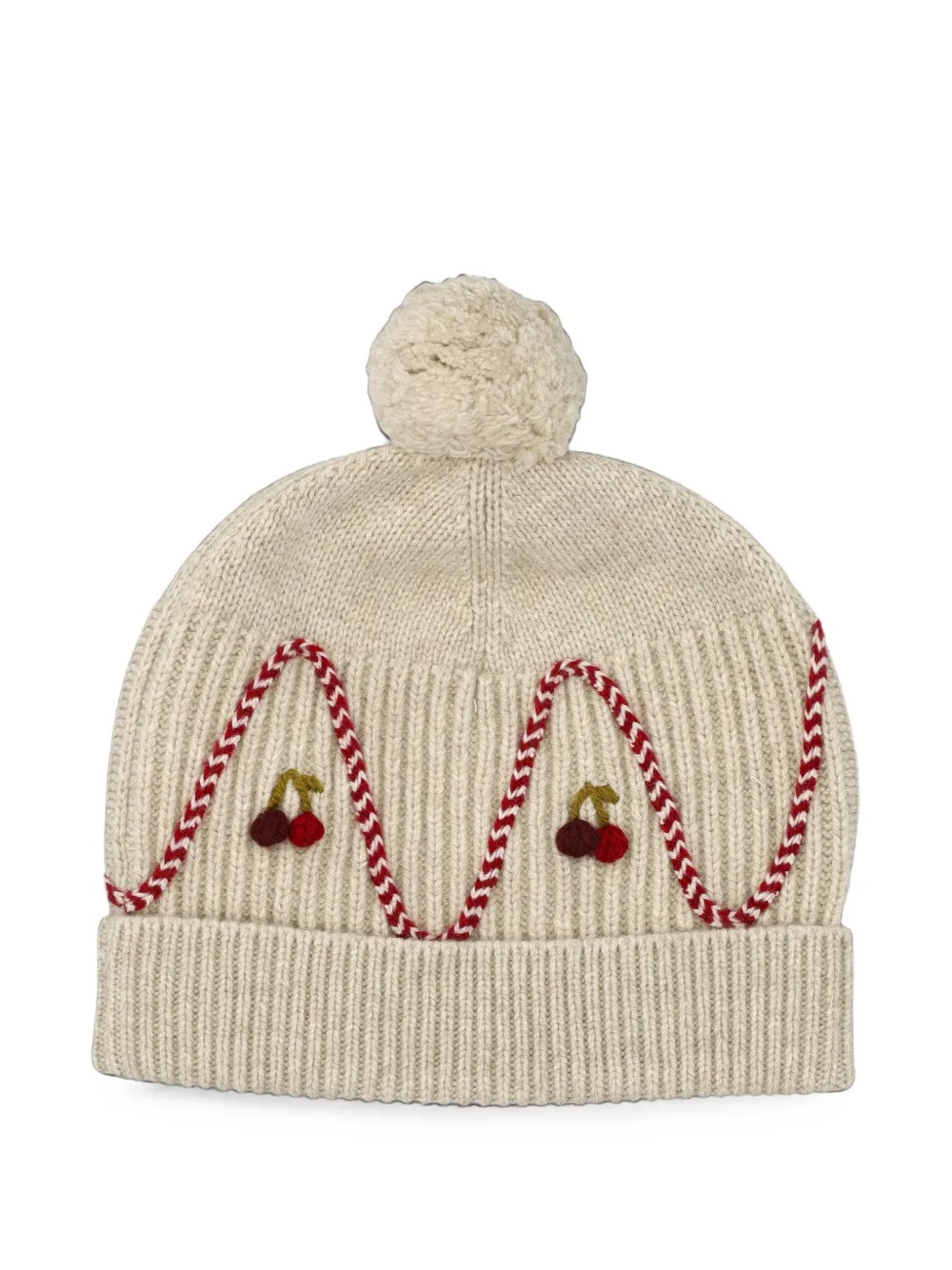 Bonpoint Muts met geborduurde kersen en pompon Beige