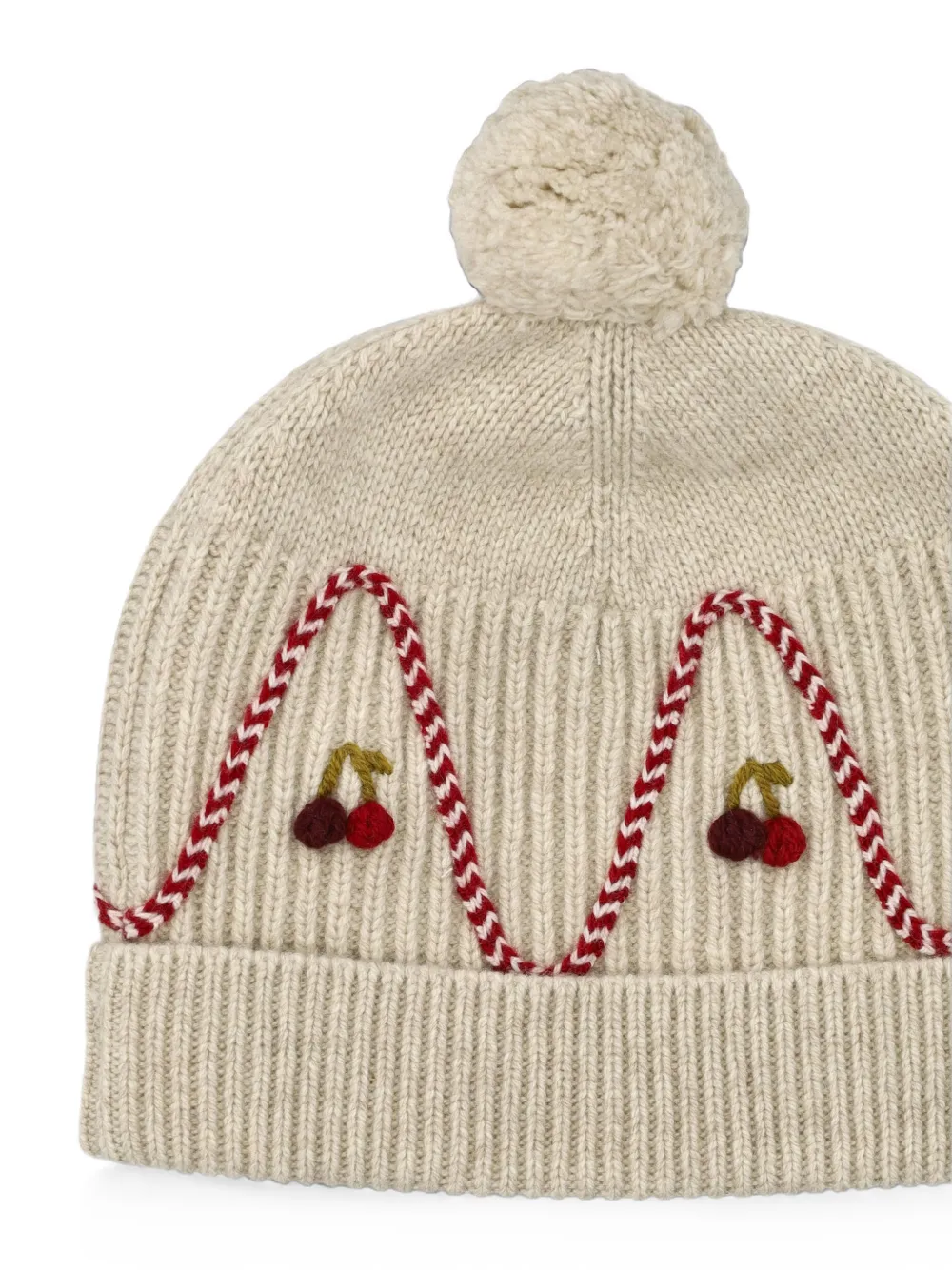 Bonpoint Muts met geborduurde kersen en pompon Beige