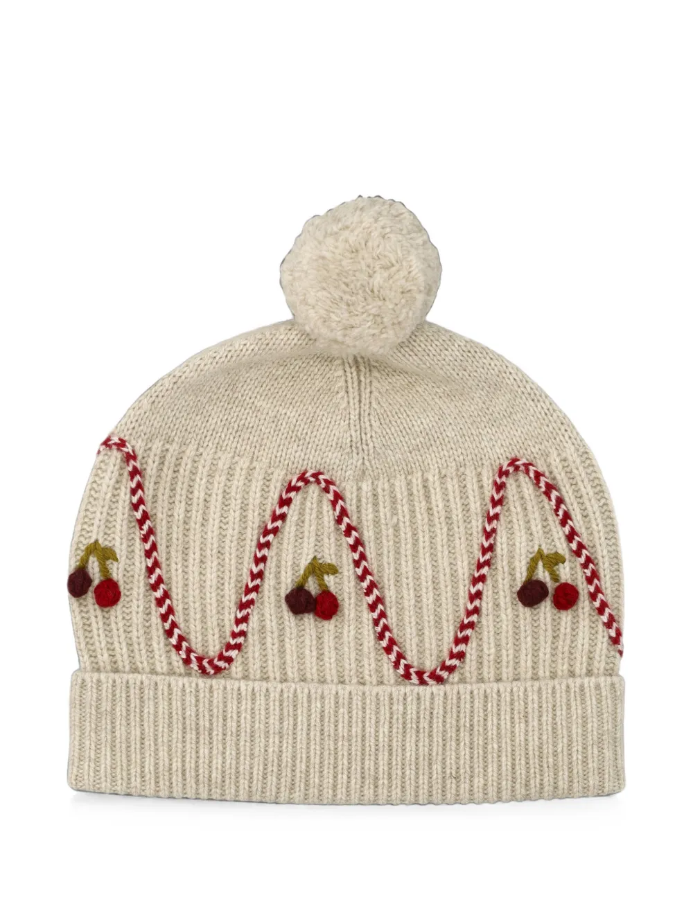 Bonpoint bonnet à broderies cerises et pompon - Tons neutres