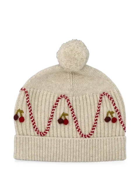 Bonpoint cherry-embroidered pompom beanie hat