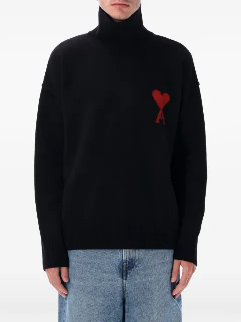 AMI Paris black funnel-neck wool sweater with Ami De Coeur