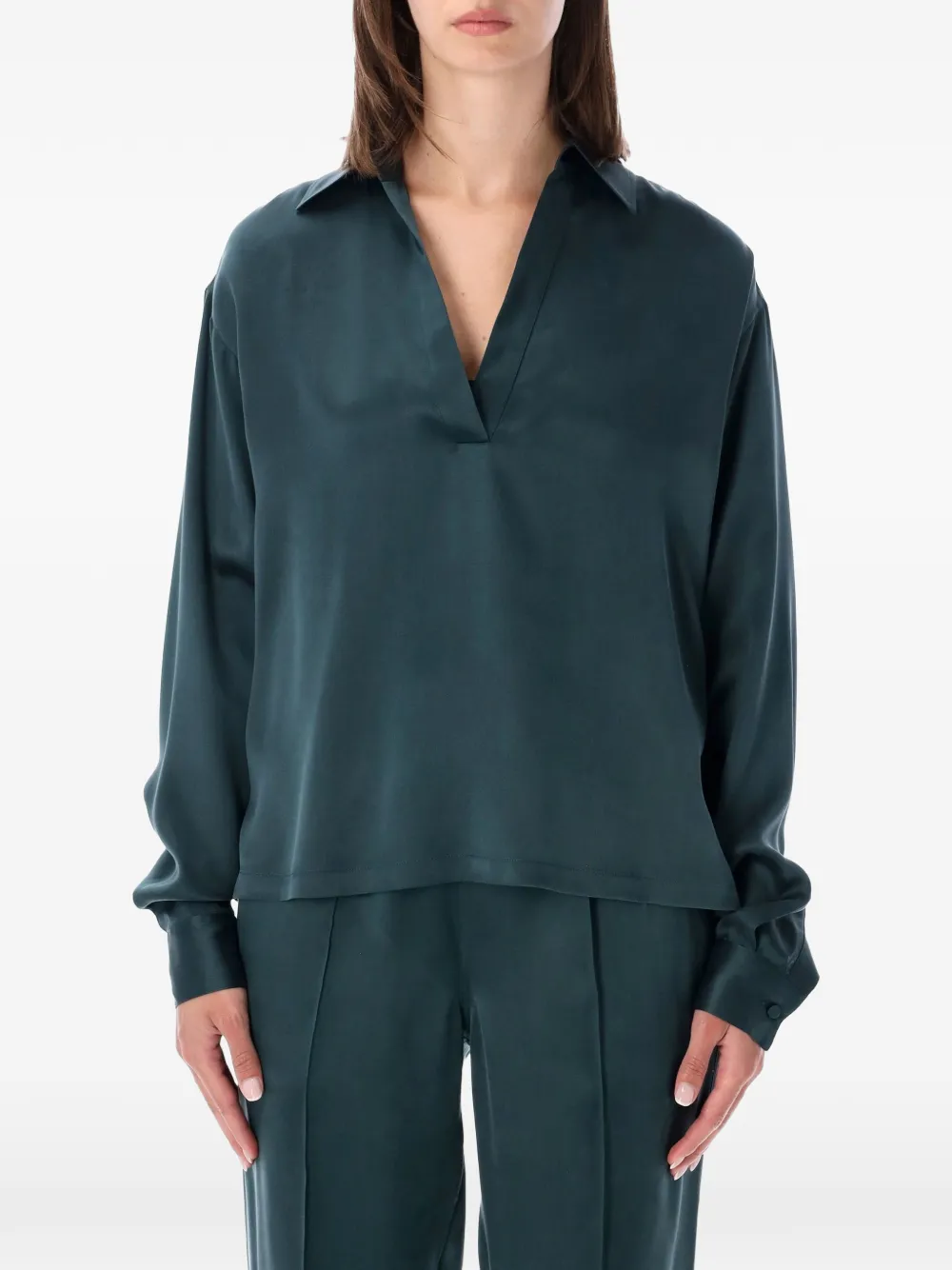 TOM FORD peach-feel silk satin polo with tonal TF embroidered logo - Verde