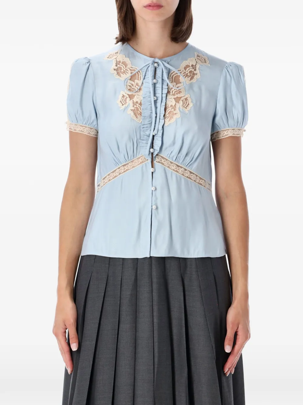 Self-Portrait lace-trim ruffled blouse - Blu