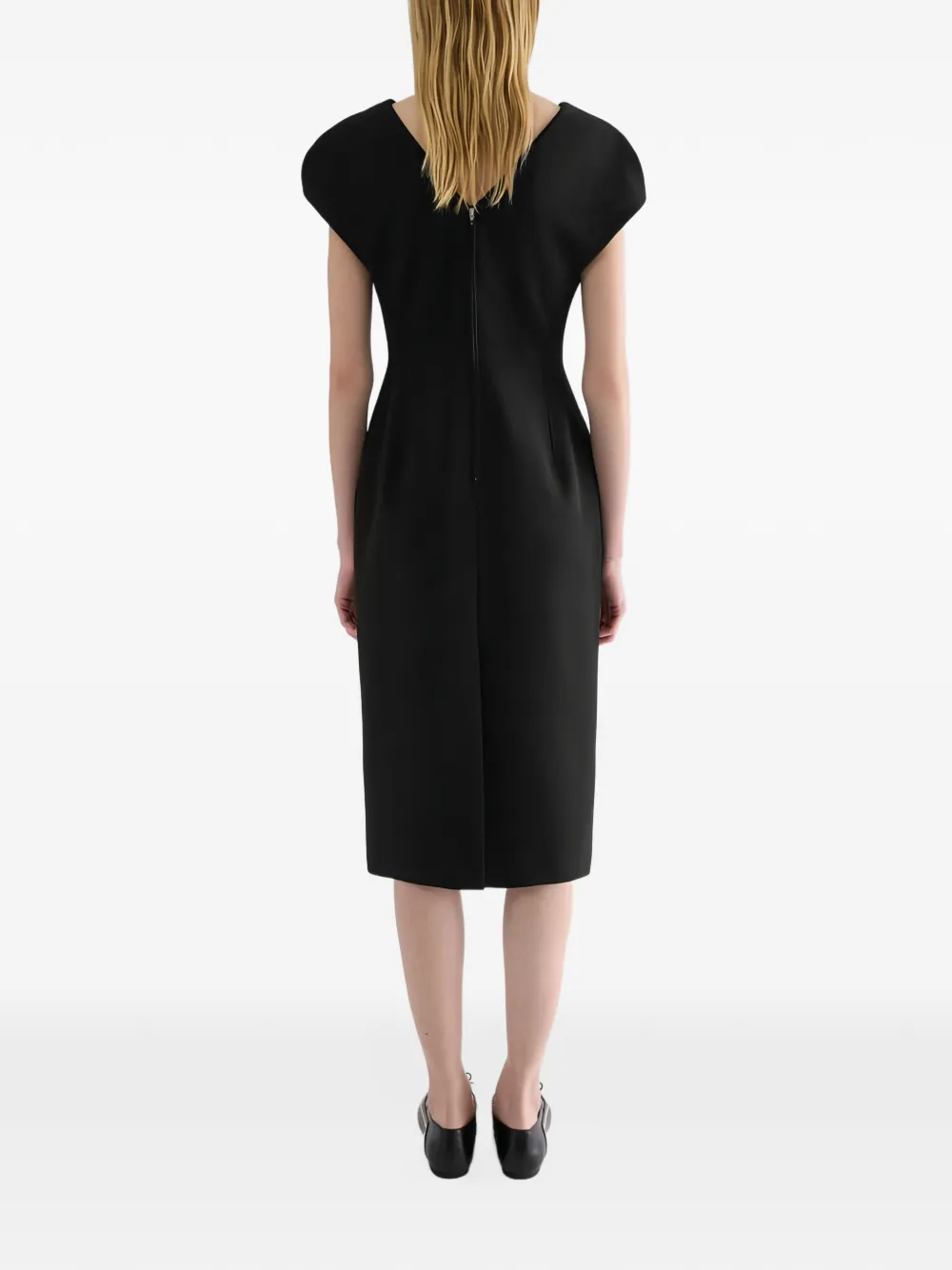Jil Sander Jurk met V-hals van wol-sablé Zwart