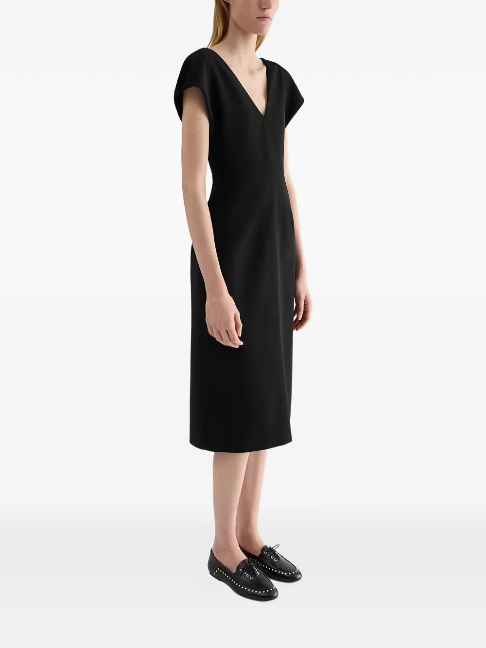 Jil Sander Jurk met V-hals van wol-sablé Zwart