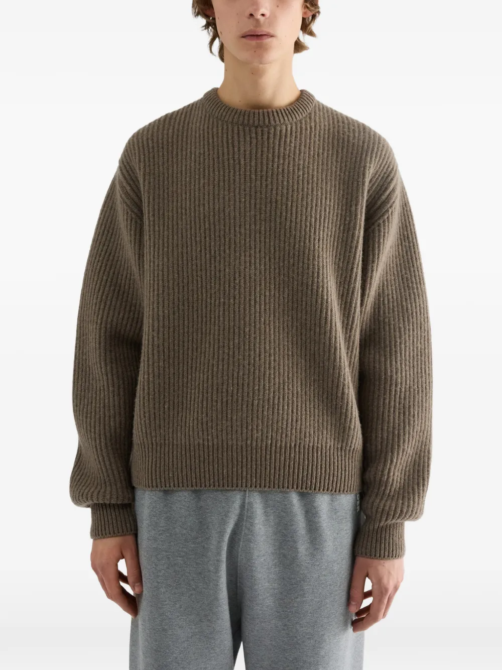 Jil Sander Ribgebreide wollen trui met ronde hals Bruin