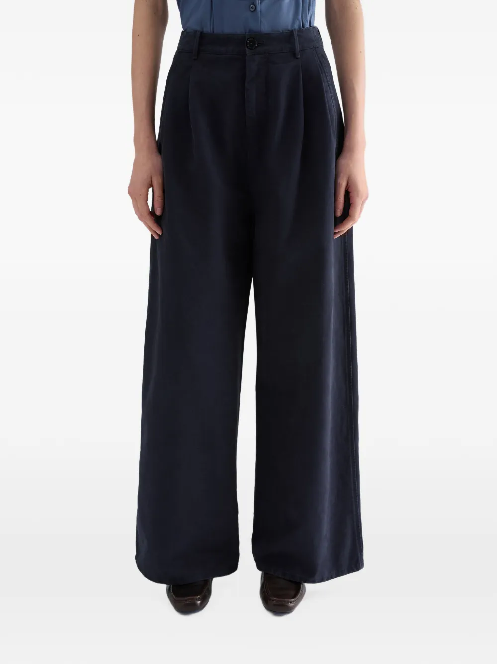 Jil Sander Ruimvallende katoenen drill broek met wijde pijpen en plooien aan de voorkant Blauw