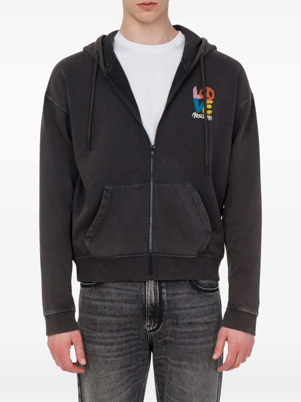 Love Moschino Hoodie met logoprint en rits Zwart