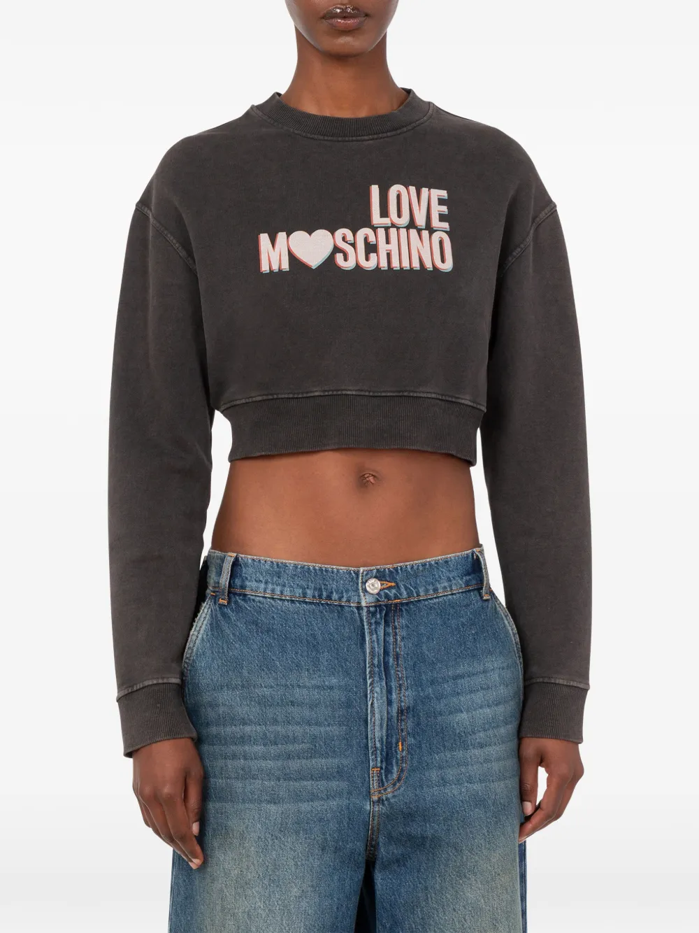 Love Moschino Cropped katoenen sweater met print Grijs