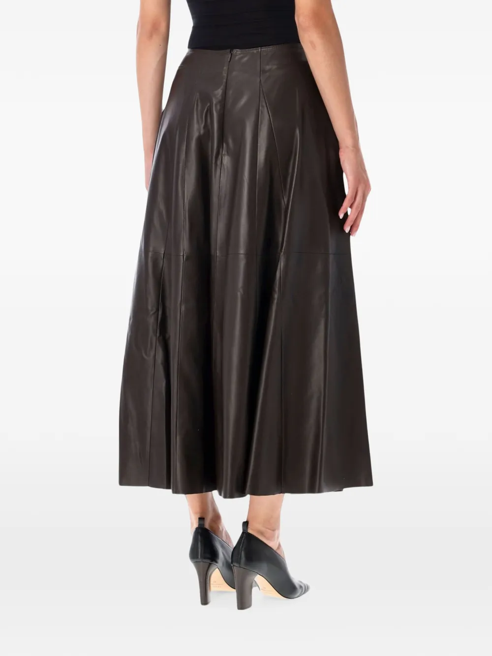 Arma Eleni Leather Pleated Midi Skirt in Brown, view 2