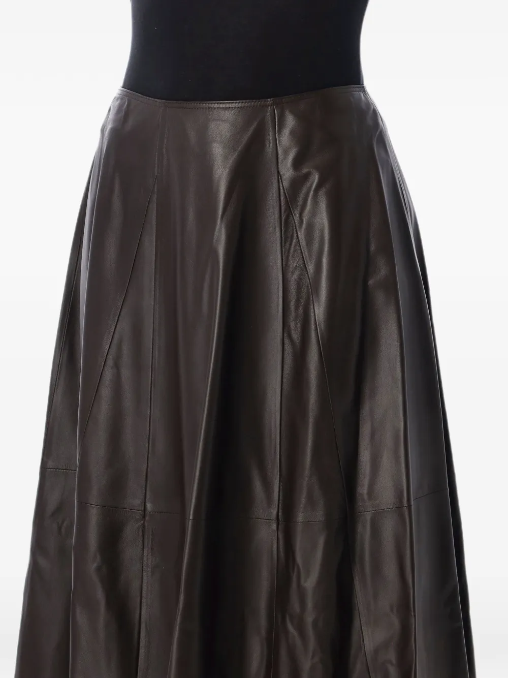 Arma Eleni Leather Pleated Midi Skirt in Brown, view 3