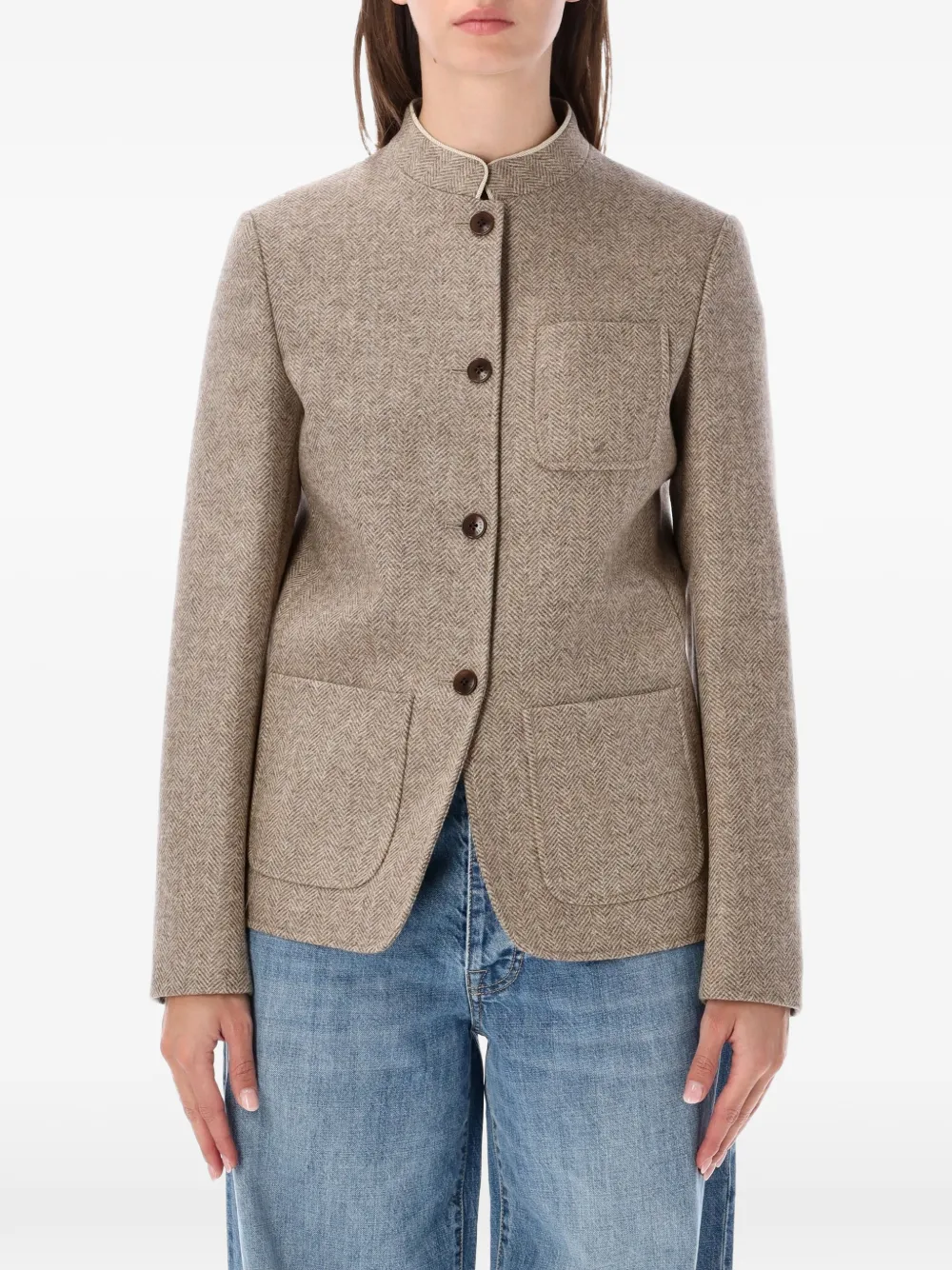 Fortela Fanny herringbone-pattern band-collar blazer - Tons neutres