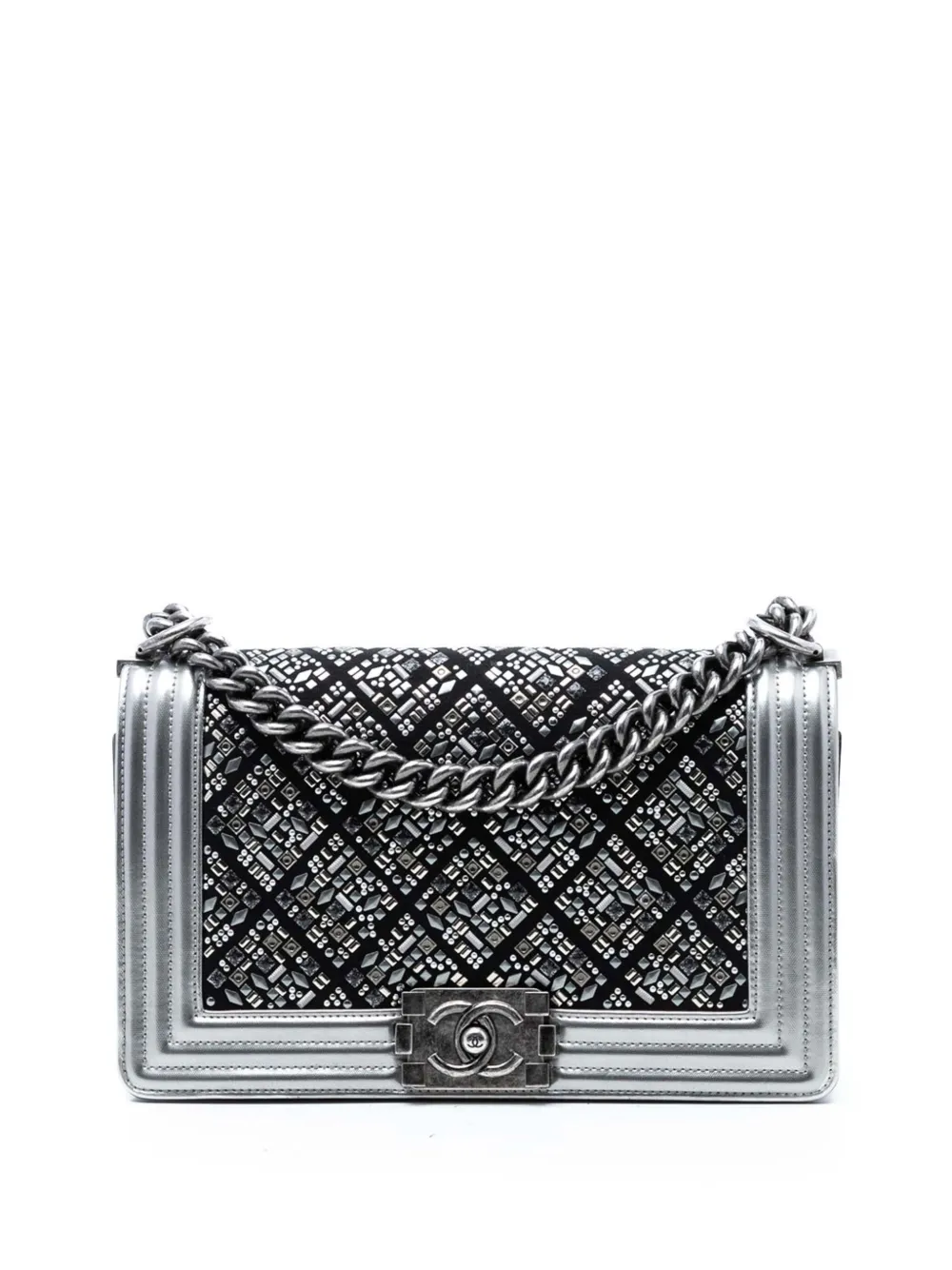 CHANEL Pre-Owned 2017-2018 Old Medium Calfskin Crystal Embellished Boy Flap crossbody bag - Argento