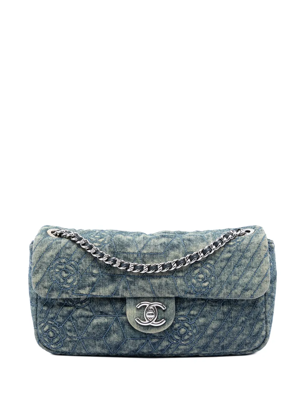 CHANEL Pre-Owned 2012 Medium Embroidered Denim Camellia Flap shoulder bag - Blau