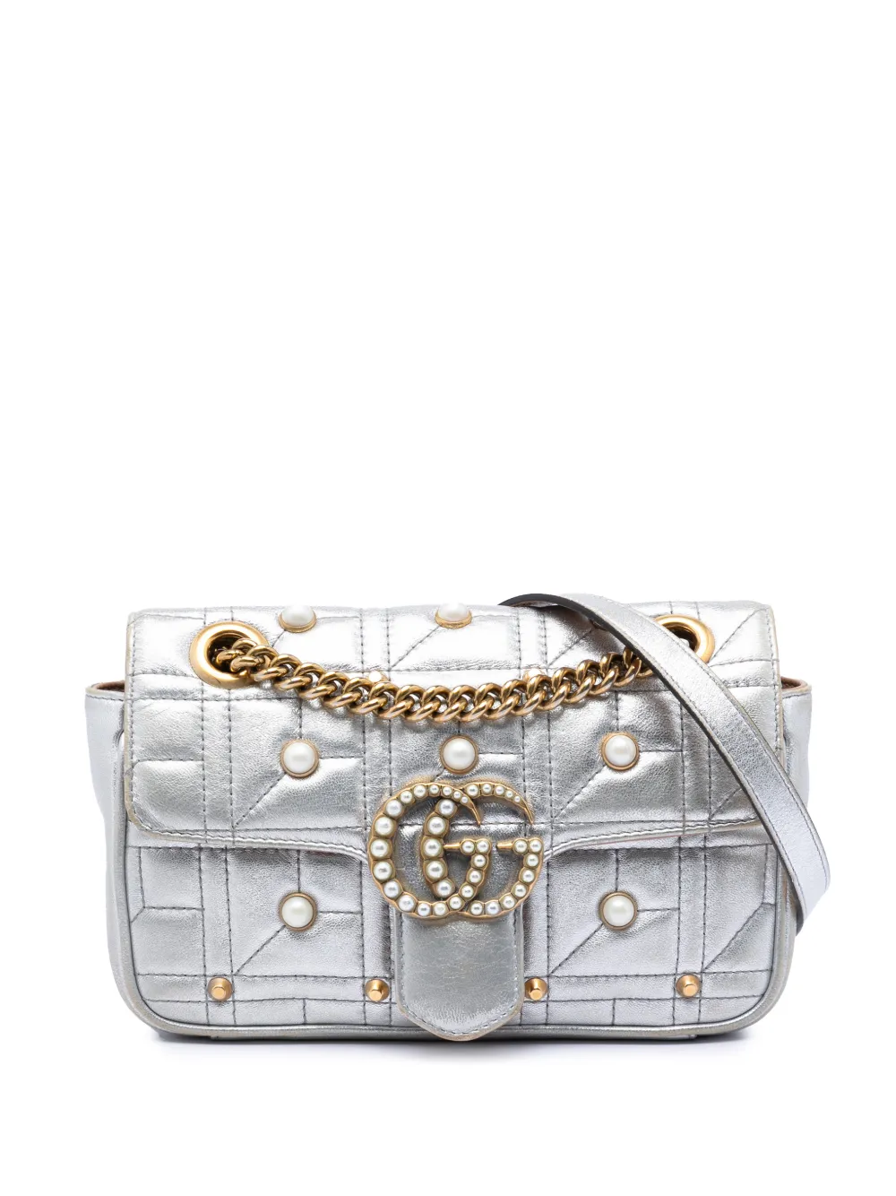 Gucci Pre-Owned 2016-2026 Small Pearly GG Marmont Pearl Studded Matelasse Leather shoulder bag - Silber