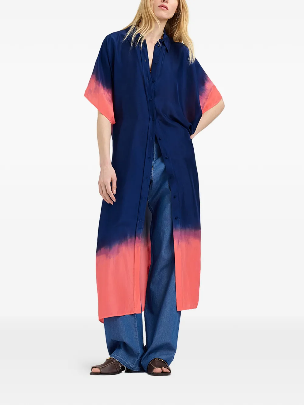 MOMONÌ Loma blouse midi-jurk met tie-dye print Blauw
