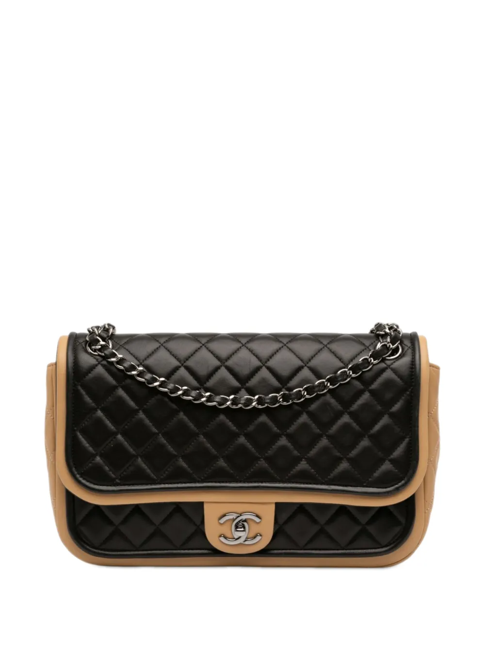 Pre-owned Chanel 2013-2014 Jumbo Classic Bicolor Lambskin Twist Flap Shoulder Bag In Black
