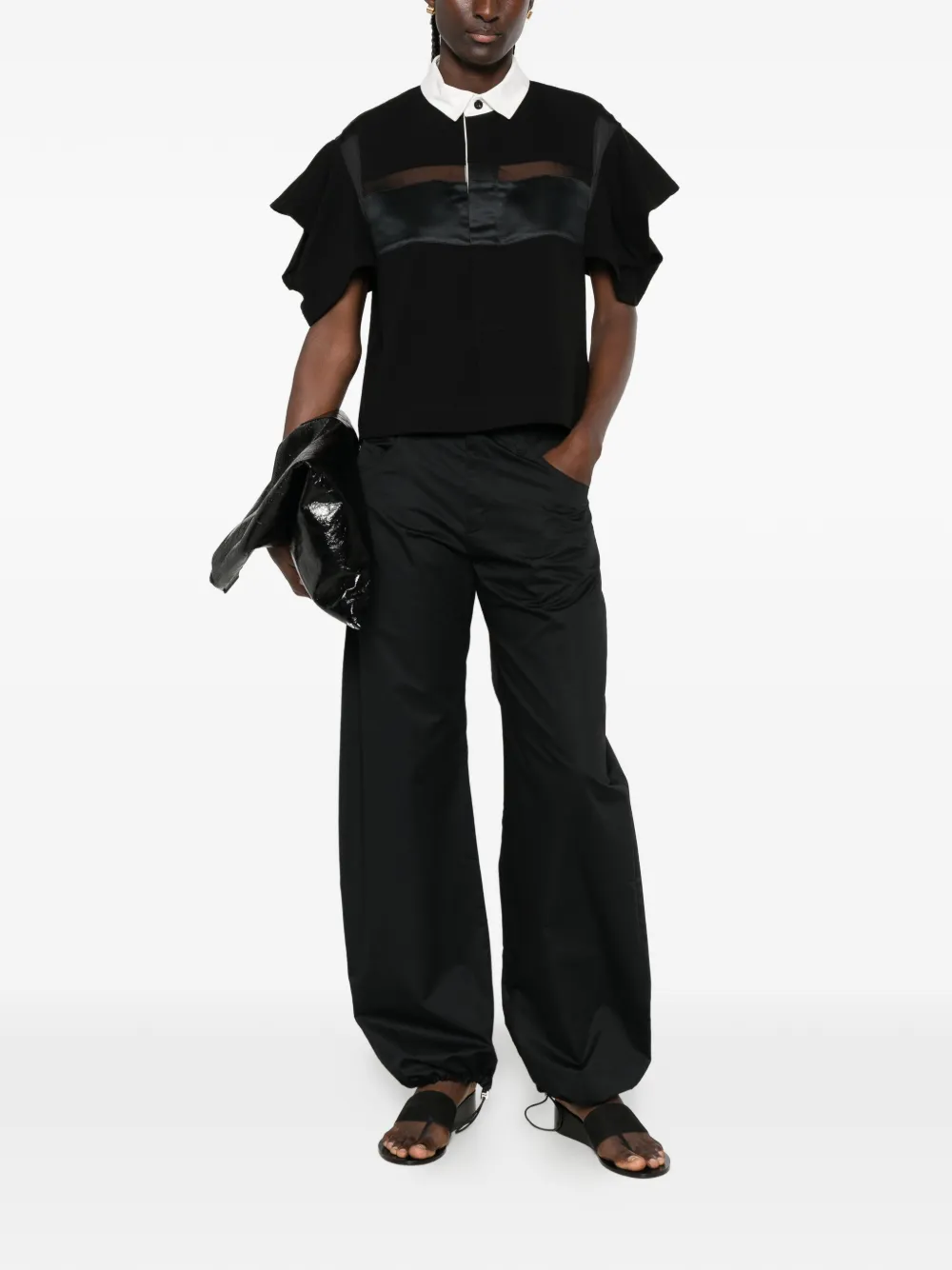 sacai Polotop met ruchemouwen en vlakken Zwart