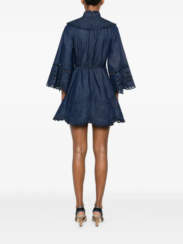 blue broderie anglaise dress ZIMMERMANN Mahon Denim Mini | Women's Designer Long Sleeve Dress | Ink broderie fabric