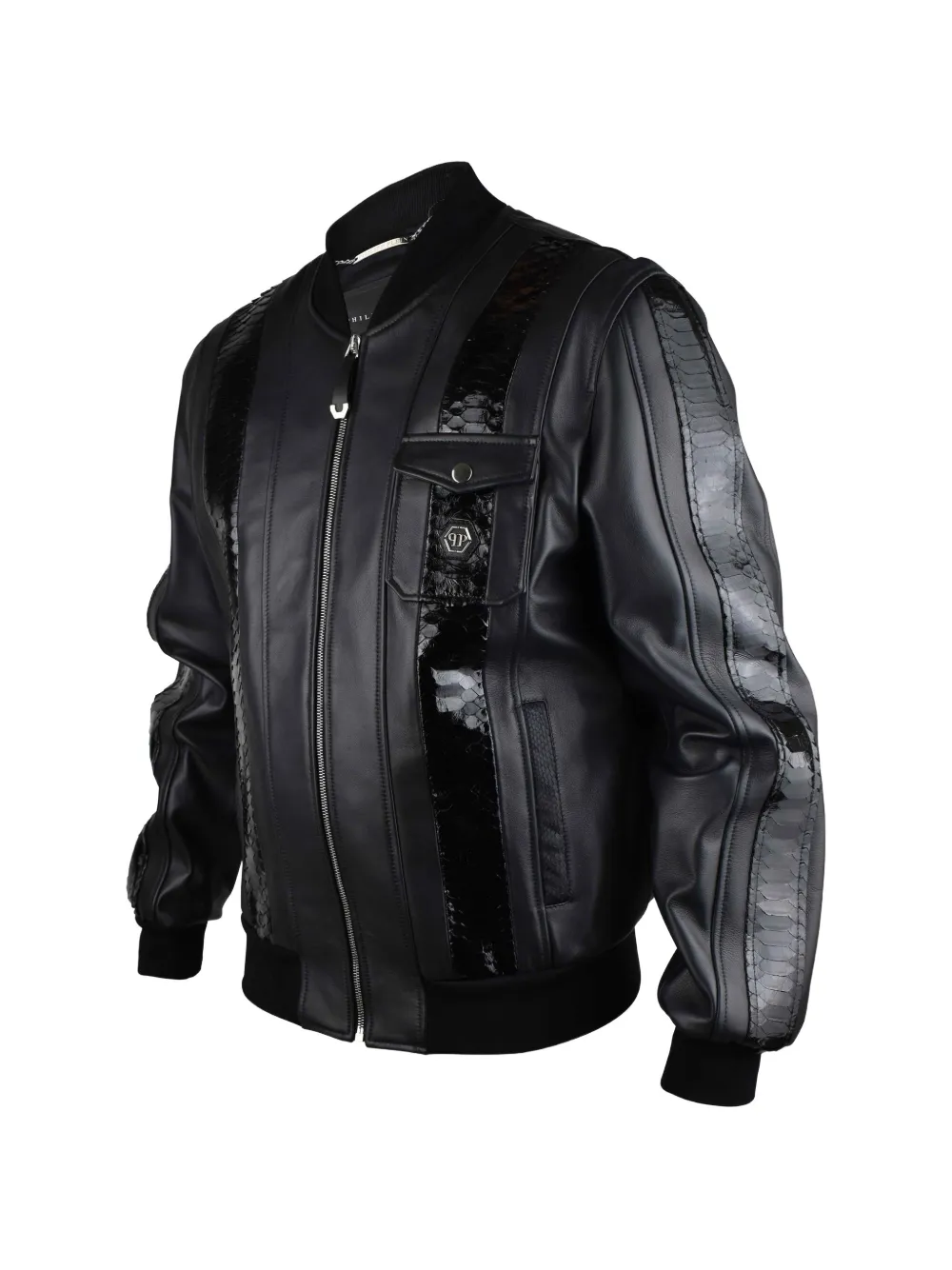 Philipp Plein Leren bomberjack met python vlakken Zwart