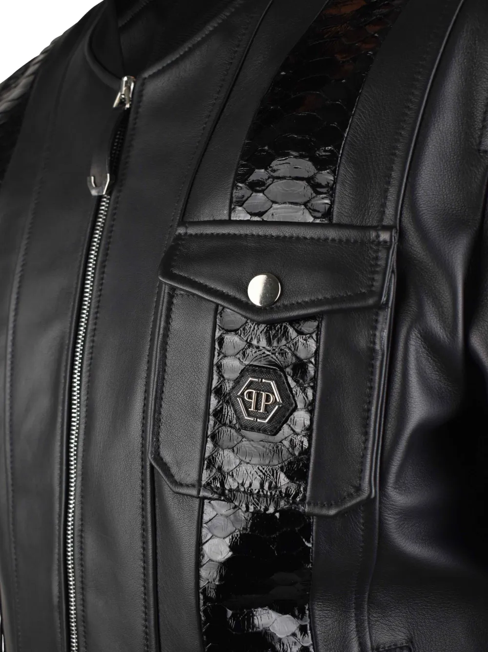 Philipp Plein Leren bomberjack met python vlakken Zwart