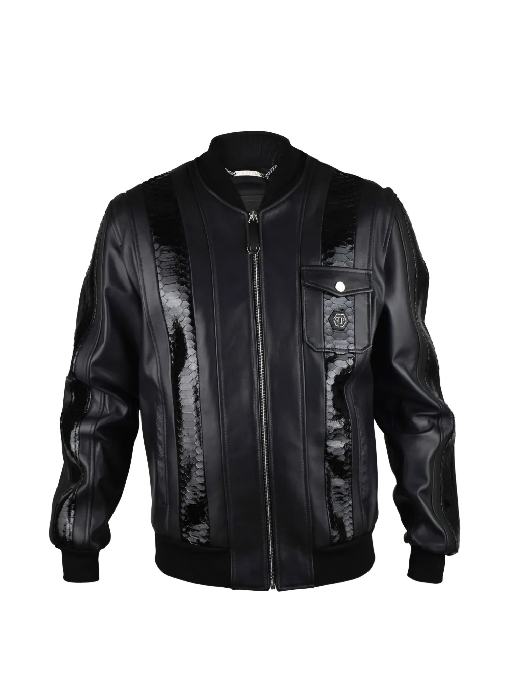 Philipp Plein python-panelled leather bomber jacket - Nero