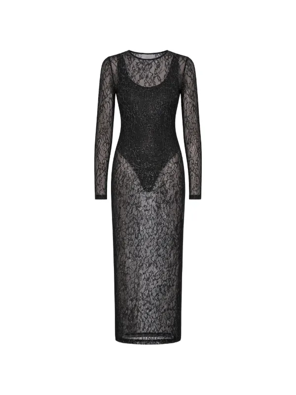 WARDROBE.NYC Lace-detail Long-sleeve Midi Dress in Black