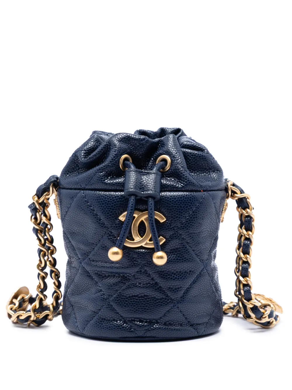 Pre-owned Chanel 2021-2026 Mini Quilted Caviar Medallion Charms Drawstring Bucket Bag In Blue