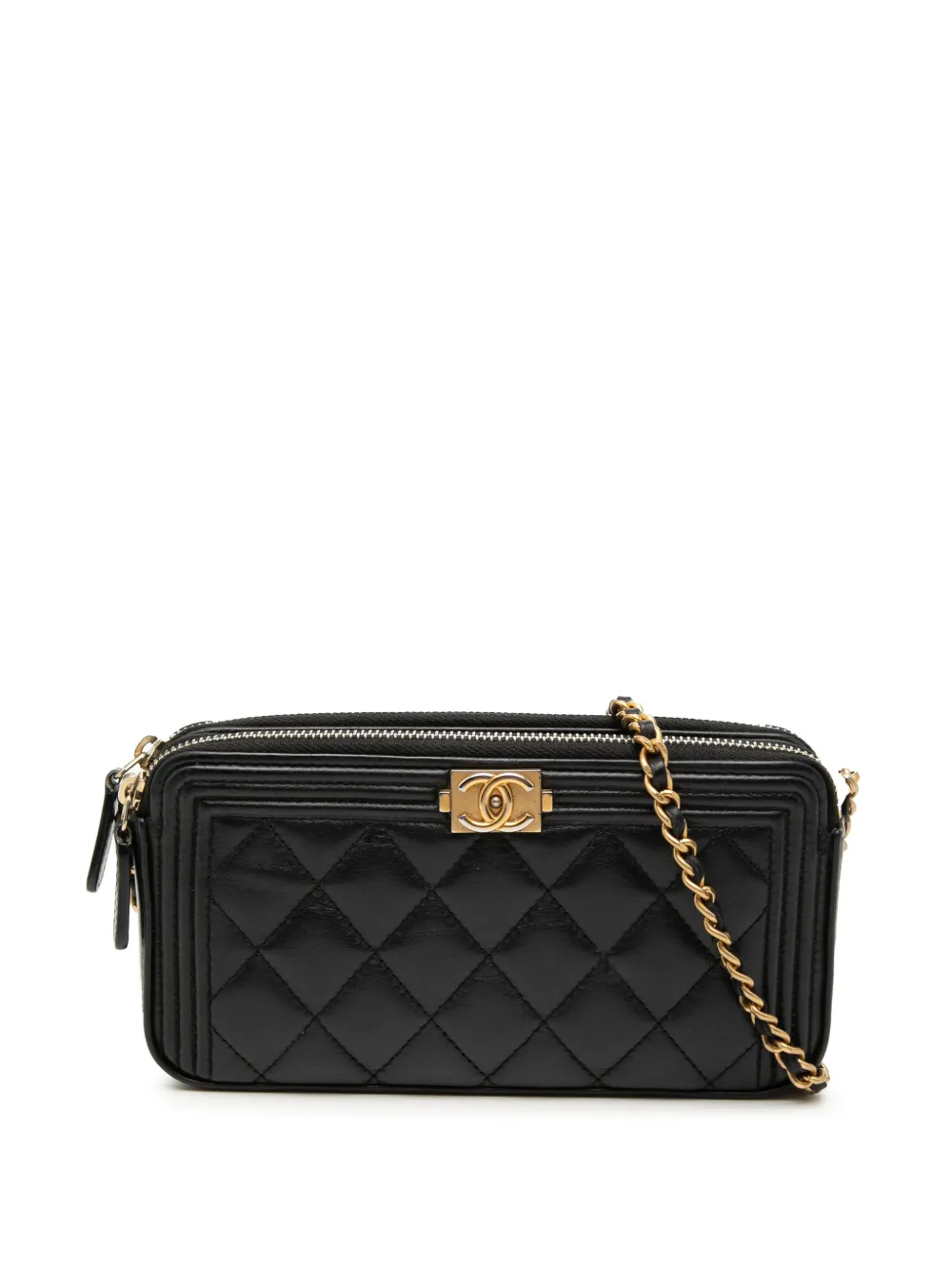 CHANEL Pre-Owned 2018-2019 Quilted Lambskin Boy Double Zip Wallet On Chain crossbody bag - Nero