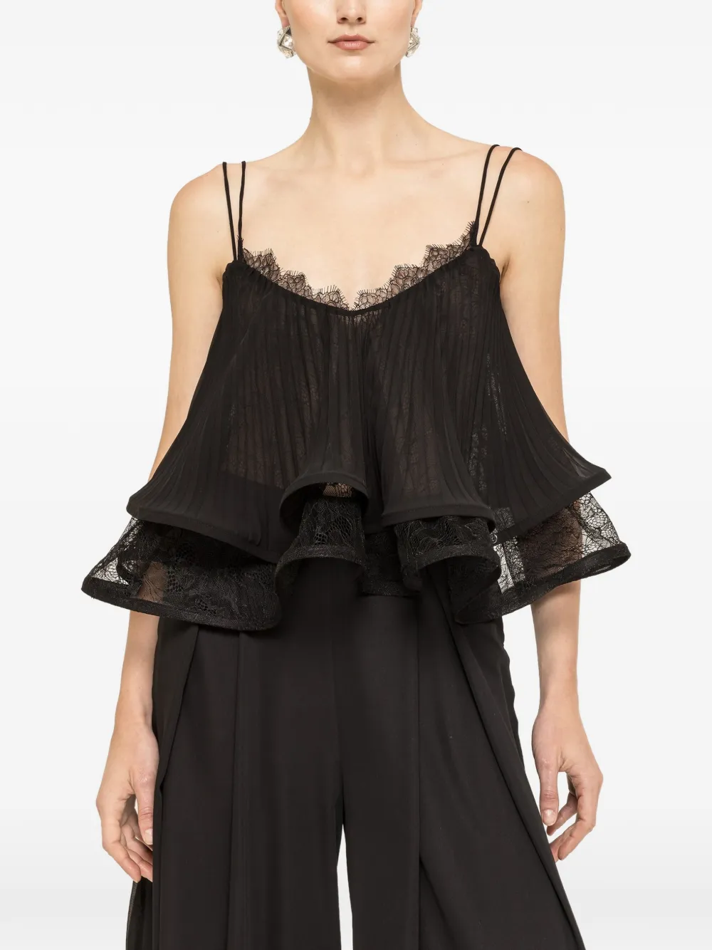NISSA pleated lace-trim broken blouse - Nero