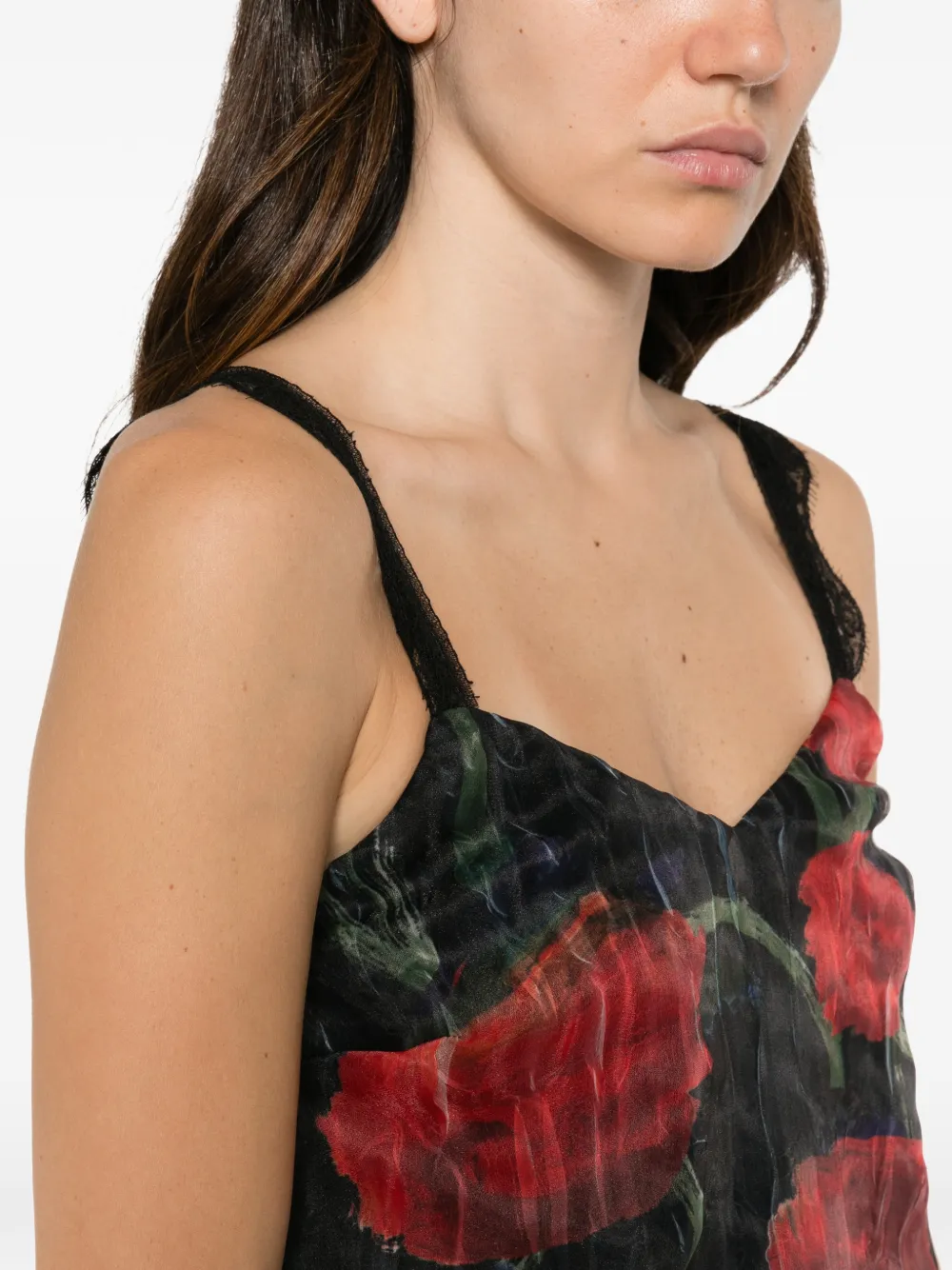 Willy Chavarria Fondo floral-pattern lace-trim midi dress Zwart