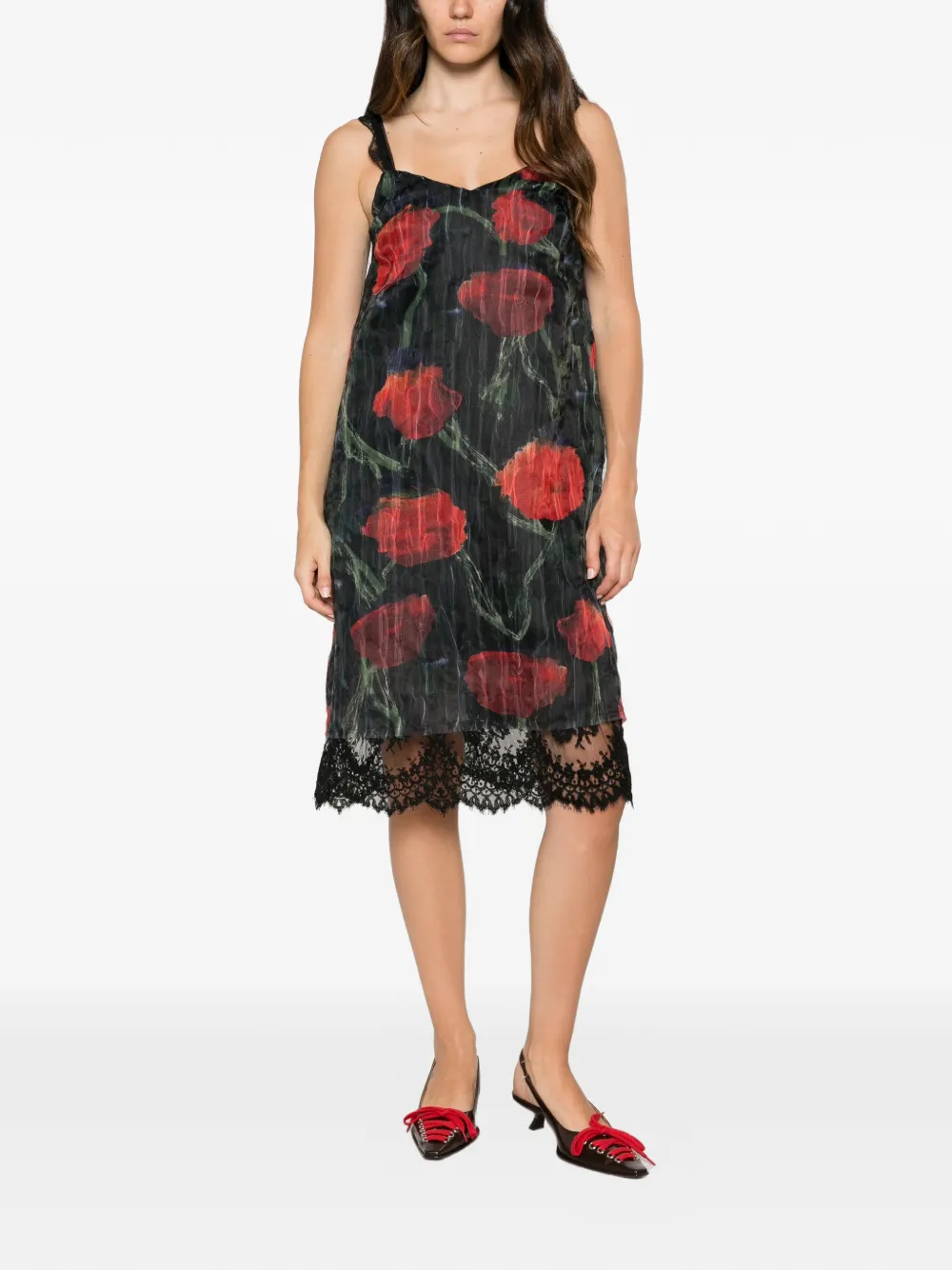 Willy Chavarria Fondo floral-pattern lace-trim midi dress Zwart