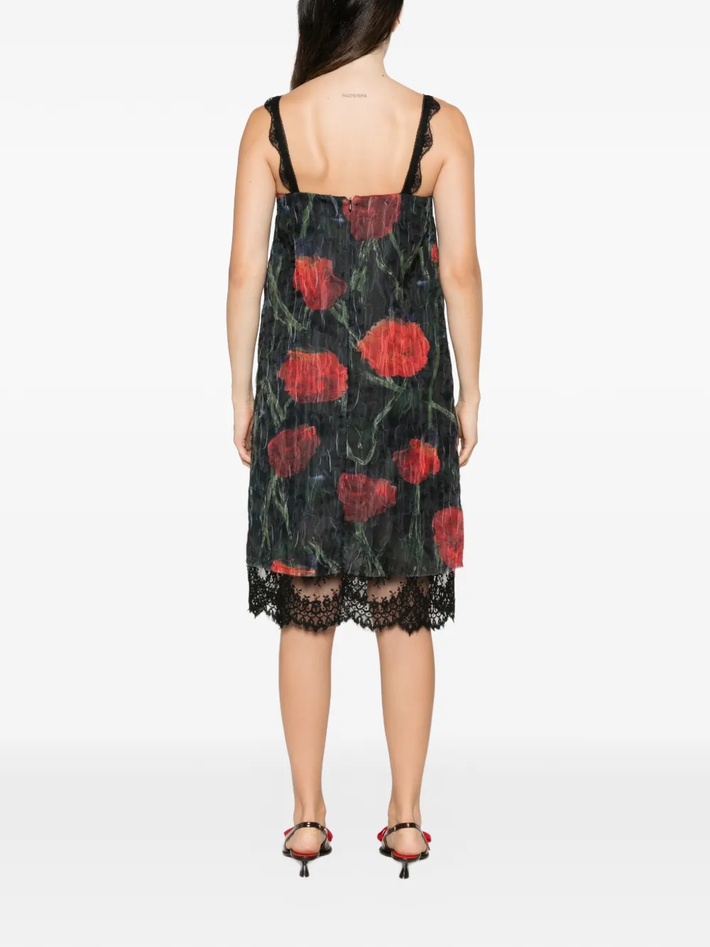 Willy Chavarria Fondo floral-pattern lace-trim midi dress Zwart