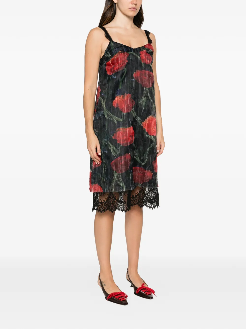 Willy Chavarria Fondo floral-pattern lace-trim midi dress Zwart
