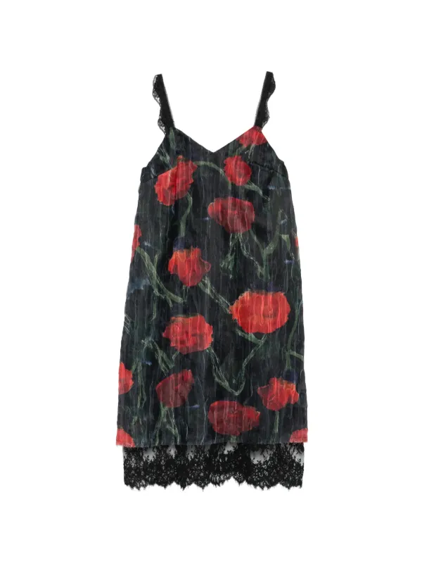 Willy Chavarria Fondo Floral-pattern Lace-trim Midi Dress in Black