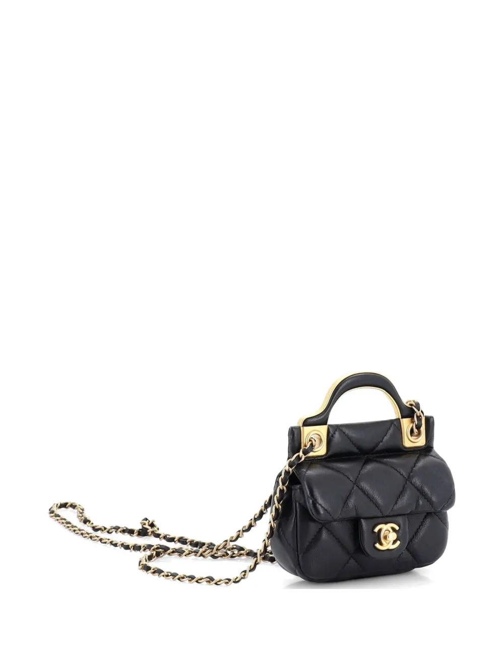  Chanel Pre-owned Pochette Matelassée Lady Handle Flap Card Holder On Chain En Cuir De Veau Matelassé - Noir 