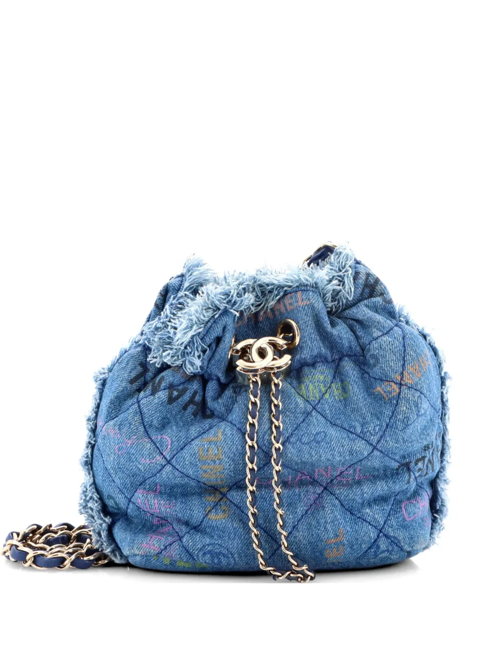 CHANEL Pre-Owned Denim Mood Chain Logo Printed Quilted Fringe Denim Medium bucket bag - Blu